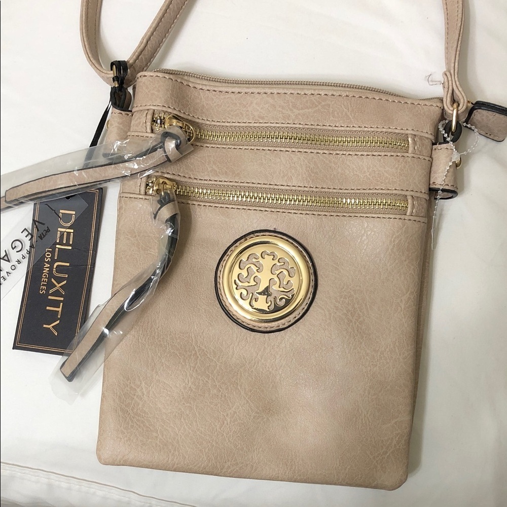 Beige Crossbody Bag with Gold Accents